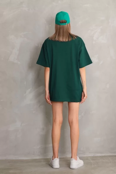 Unisex Bisiklet Yaka  Düz Oversize T-Shirt - Yeşil - 7