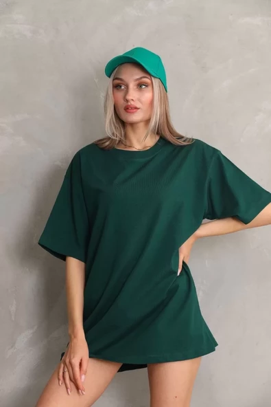 Unisex Bisiklet Yaka  Düz Oversize T-Shirt - Yeşil - 2