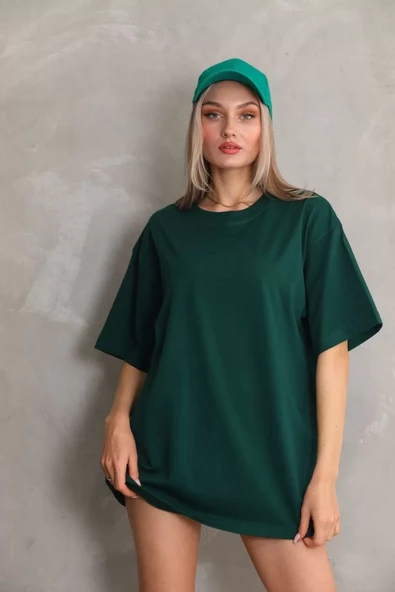 Unisex Bisiklet Yaka  Düz Oversize T-Shirt - Yeşil - 5
