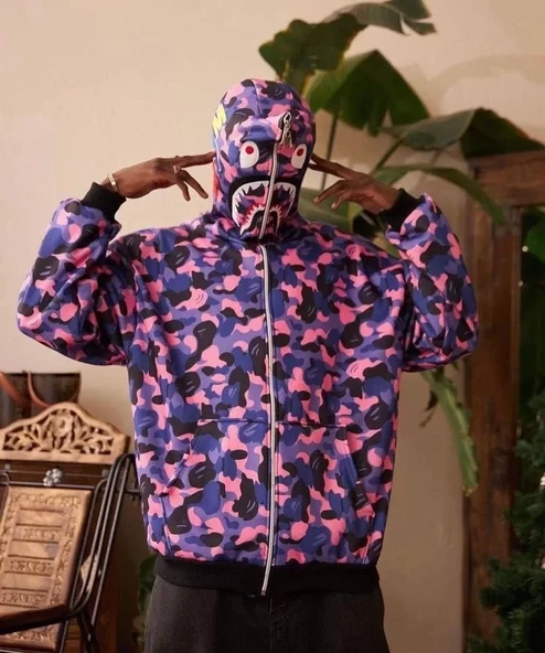 Unisex  Bape Kapüşonu Fermuarlı Hırka - Mor - 2