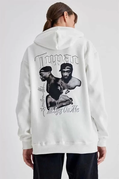 Kadın Kapüşonlu Sırt Baskılı  Sweatshirt - Beyaz - 2
