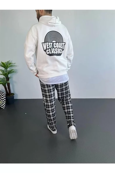 Erkek Baskılı Kapüşonlu Oversize Sweatshirt - Beyaz - 2