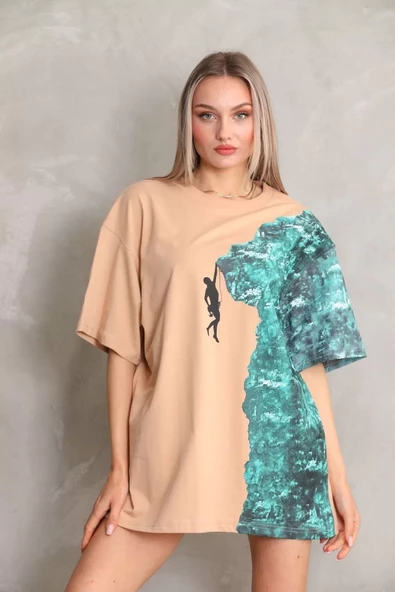 Unisex Bisiklet Yaka Baskılı Oversize T-Shirt - Bej - 3