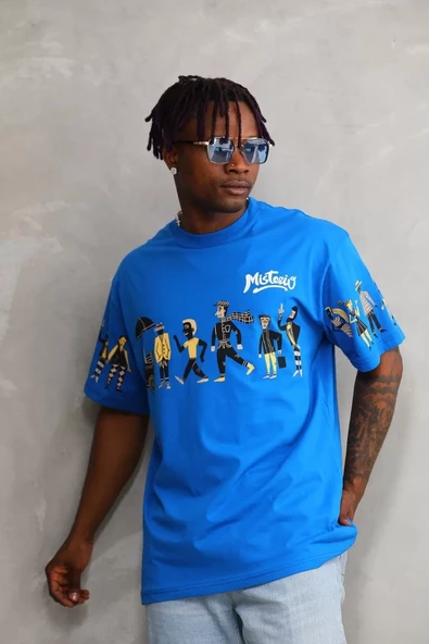 Unisex Bisiklet Yaka Baskılı Oversize T-Shirt - Mavi - 3