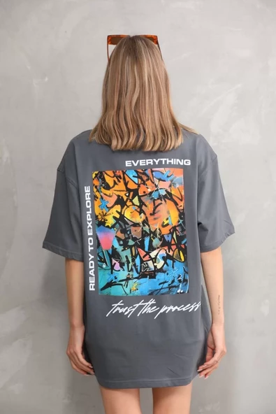 Unisex Bisiklet Yaka Baskılı Oversize T-Shirt - Gri - 6