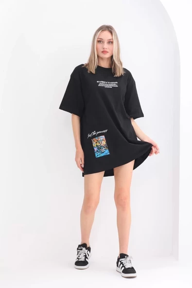 Unisex Bisiklet Yaka Baskılı Oversize T-Shirt - Siyah - 6