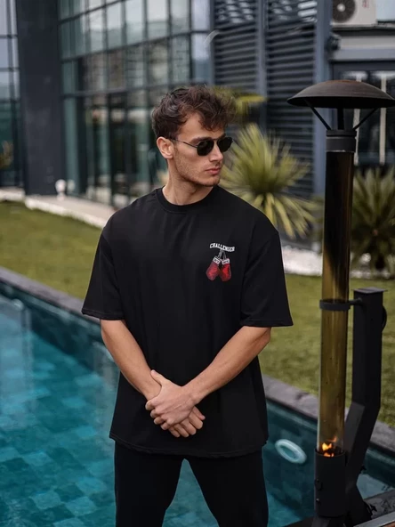 Unisex Bisiklet Yaka Baskılı Oversize T-Shirt - Siyah