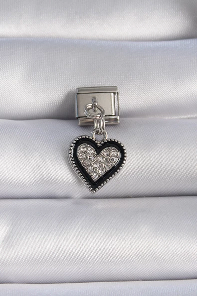 316L Çelik Gümüş Renk Sallantı Zirkon Taşlı Siyah Kalp Figür Nomination Charm - TJ-BC1078 ürün görseli