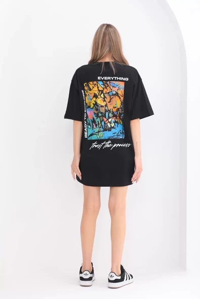 Unisex Bisiklet Yaka Baskılı Oversize T-Shirt - Siyah - 7