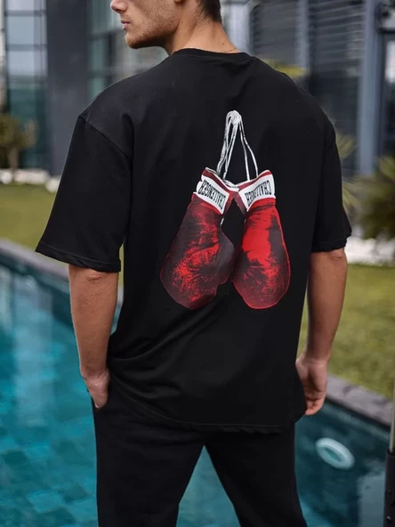 Unisex Bisiklet Yaka Baskılı Oversize T-Shirt - Siyah - 2