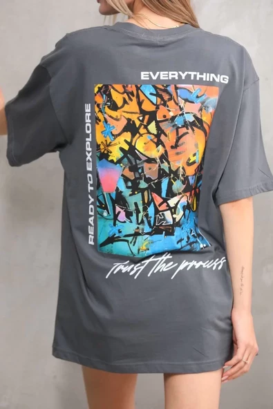 Unisex Bisiklet Yaka Baskılı Oversize T-Shirt - Gri - 7