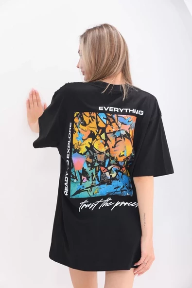 Unisex Bisiklet Yaka Baskılı Oversize T-Shirt - Siyah - 8