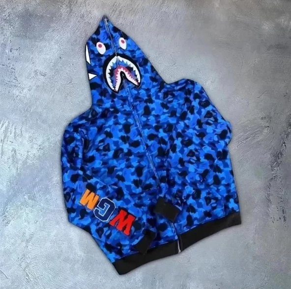 Unisex  Bape Kapüşonu Fermuarlı Hırka - Mavi