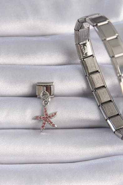 316L Çelik Gümüş Renk Deniz Yıldızı Figür Pembe Zirkon Taşlı Nomination Charm - TJ-BC1046 - Resim 2