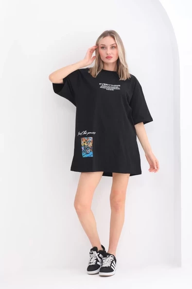 Unisex Bisiklet Yaka Baskılı Oversize T-Shirt - Siyah - 5