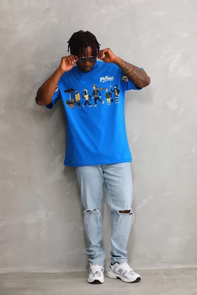 Unisex Bisiklet Yaka Baskılı Oversize T-Shirt - Mavi - 6