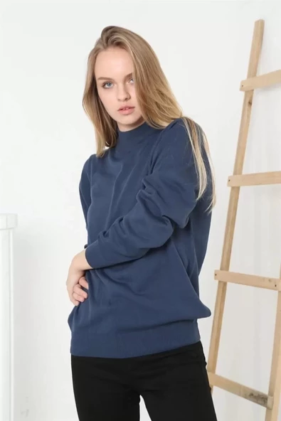 Kadın  Balıkçı Yaka Triko Kazak - İndigo