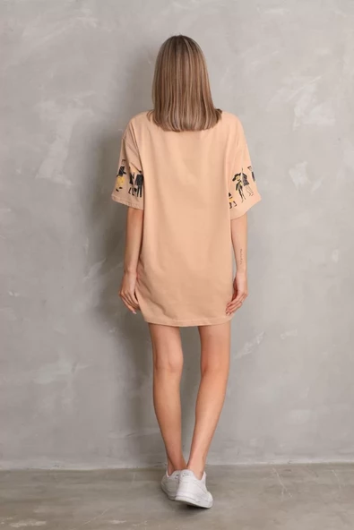 Unisex Bisiklet Yaka Baskılı Oversize T-Shirt - Bej - 5