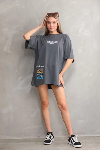 Unisex Bisiklet Yaka Baskılı Oversize T-Shirt - Gri - 5