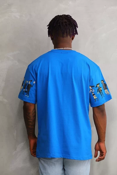 Unisex Bisiklet Yaka Baskılı Oversize T-Shirt - Mavi - 7