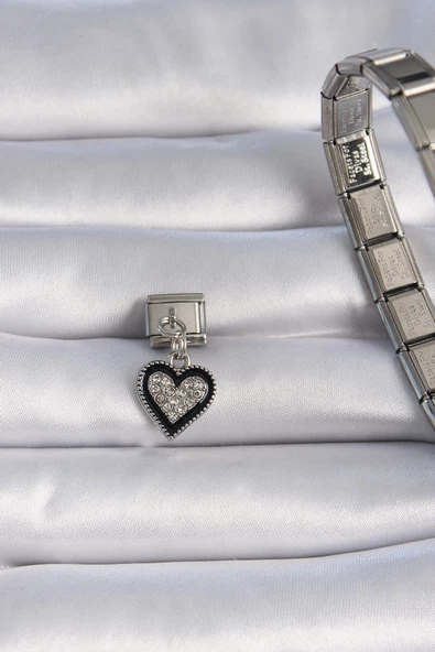 316L Çelik Gümüş Renk Sallantı Zirkon Taşlı Siyah Kalp Figür Nomination Charm - TJ-BC1078 - Resim 2