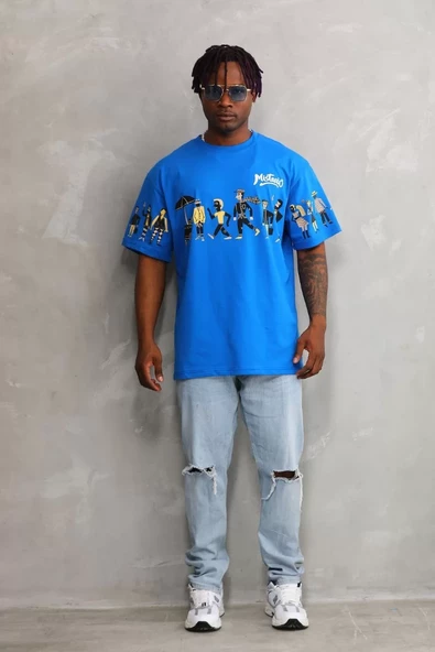 Unisex Bisiklet Yaka Baskılı Oversize T-Shirt - Mavi - 5