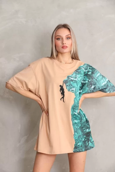 Unisex Bisiklet Yaka Baskılı Oversize T-Shirt - Bej - 5