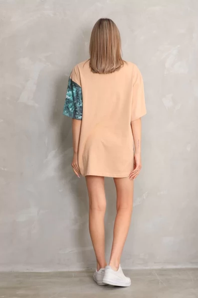 Unisex Bisiklet Yaka Baskılı Oversize T-Shirt - Bej - 6