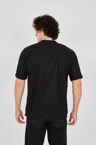 Unisex Waffle Kumaş Rahat Kol T-Shirt - Siyah - 5