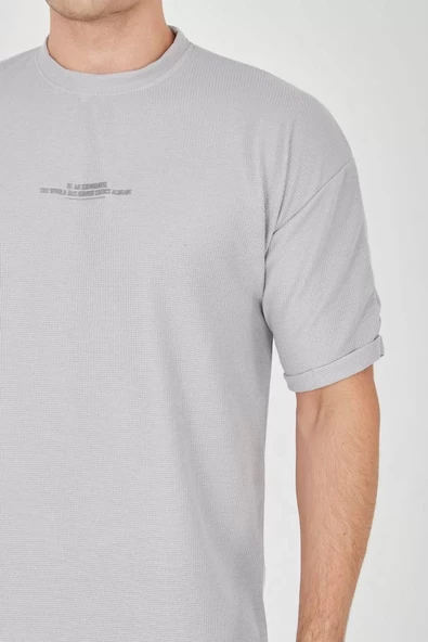 Unisex Waffle Kumaş Rahat Kol T-Shirt - Boyalı Gri - 3