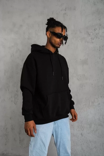 Erkek Düz Kapüşonlu Sweatshirt Siyah - 2