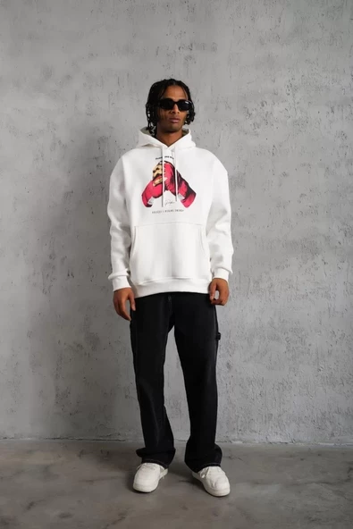Erkek Eldiven Baskılı Kapüşonlu Sweatshirt - Beyaz - 4