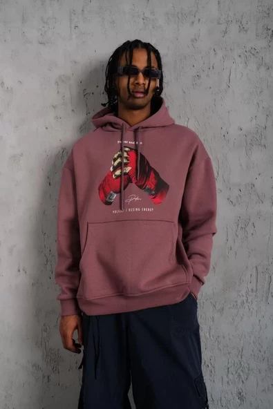 Erkek Eldiven Baskılı Kapüşonlu Sweatshirt - Gül Kurusu - 2