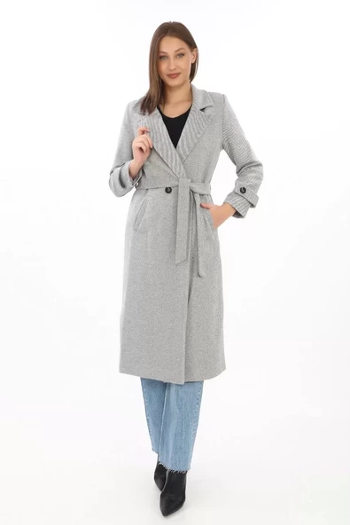 Kadın Astarlı Kaşmir Kaşe Kaban - Gri - 4