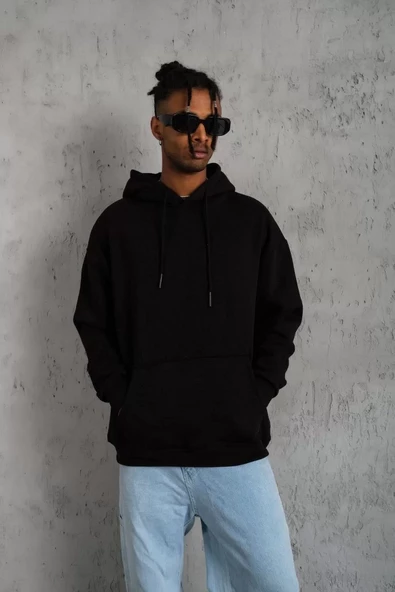 Erkek Düz Kapüşonlu Sweatshirt Siyah