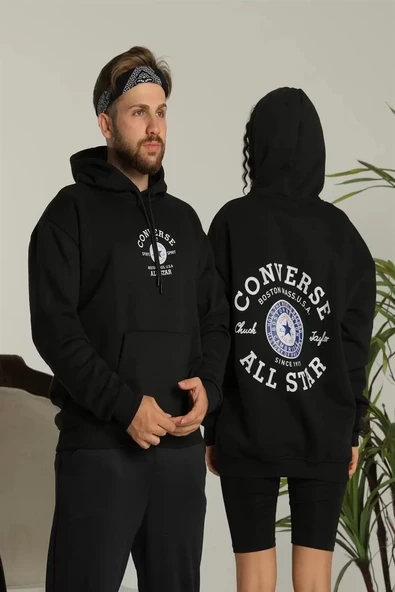 Erkek Sırt Baskılı Oversize Kapüşonlu Hoodie Sweatshirt - Siyah
