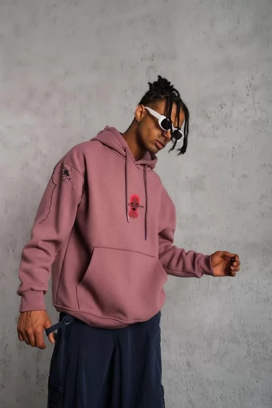 Erkek Maske Baskılı Kapüşonlu Sweatshirt - Gül Kurusu - 3