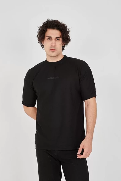 Unisex Waffle Kumaş Rahat Kol T-Shirt - Siyah - 2