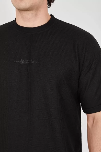 Unisex Waffle Kumaş Rahat Kol T-Shirt - Siyah - 4