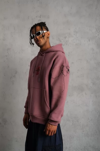 Erkek Maske Baskılı Kapüşonlu Sweatshirt - Gül Kurusu - 2