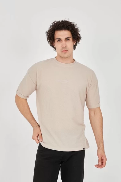 Unisex Waffle Kumaş Rahat Kol T-Shirt - Bej - 2