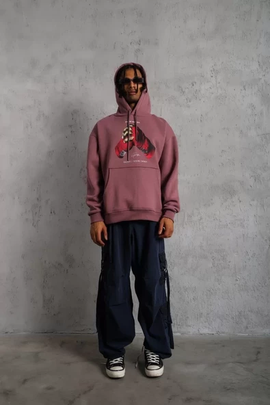 Erkek Eldiven Baskılı Kapüşonlu Sweatshirt - Gül Kurusu - 4