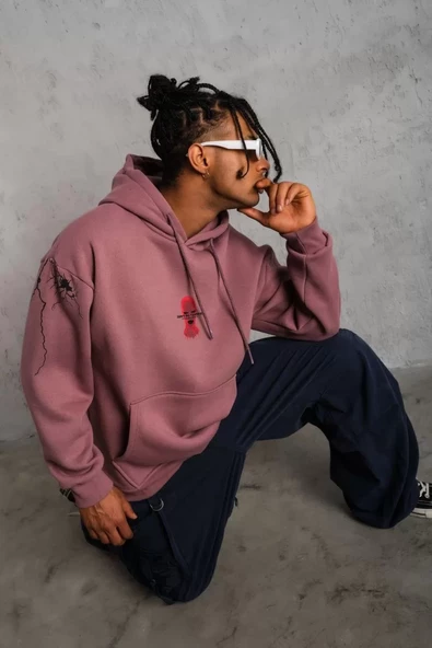 Erkek Maske Baskılı Kapüşonlu Sweatshirt - Gül Kurusu - 5