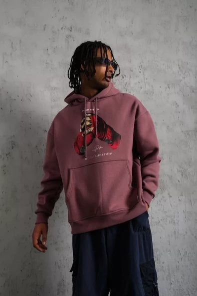 Erkek Eldiven Baskılı Kapüşonlu Sweatshirt - Gül Kurusu