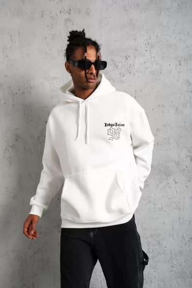 Erkek Baskılı Kapşonlu SweatShirt - Beyaz