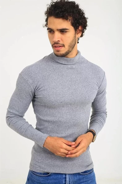 Erkek Kaşkorse Boğazlı Full Body Kazak - Gri - 3