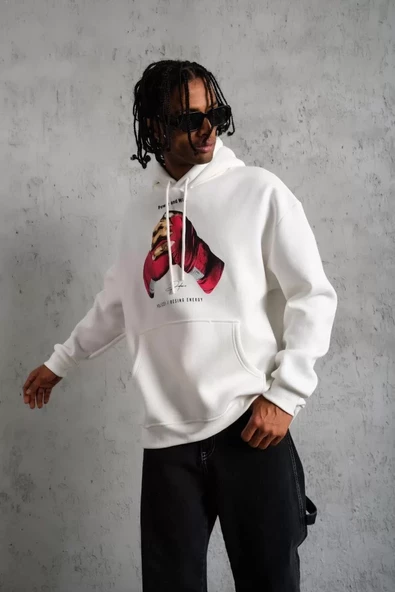 Erkek Eldiven Baskılı Kapüşonlu Sweatshirt - Beyaz - 3