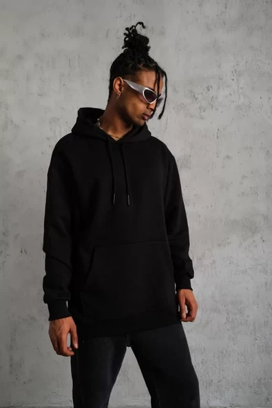 Erkek Düz Kapüşonlu Sweatshirt Siyah - 4