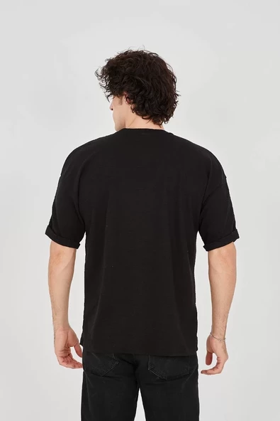 Unisex Jakar Kumaş Rahat Kol T-Shirt - Siyah - 3