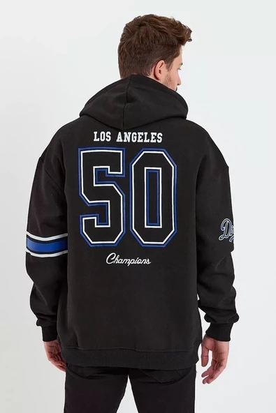 Erkek Baskılı Kapşonlu  Oversize Sweatshirt - Siyah - 1